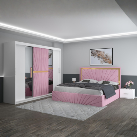 Mobila Dormitor - Set Mobila De Dormitor Nova Roz, pat tapitat 160x200cm, dulap 250cm, 2 noptiere si saltea 160x200cm