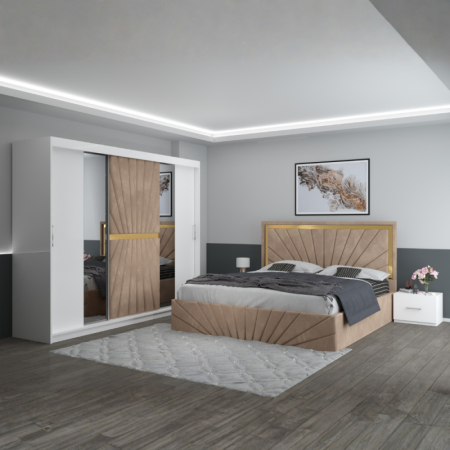 Mobila Dormitor - Set Mobila De Dormitor Nova Crem, pat tapitat 160x200cm, dulap 250cm, 2 noptiere si saltea 160x200cm