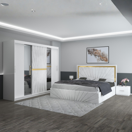 Mobila Dormitor - Set Mobila De Dormitor Nova Alb, pat tapitat 160x200cm, dulap 250cm, 2 noptiere si saltea 160x200cm