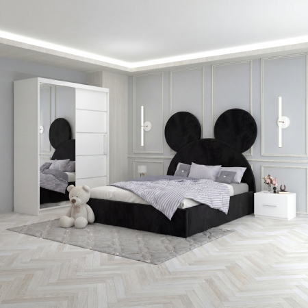 Mobila Dormitor - Set Mobila De Dormitor Micky Negru, pat tapitat 90x200cm, dulap 150cm, 2 noptiere si saltea 90x200cm