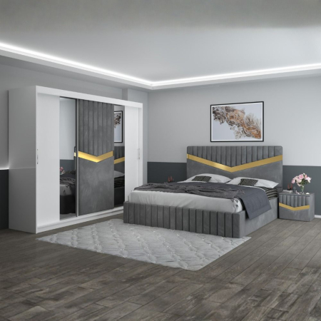 Mobila Dormitor - Set Mobila De Dormitor Royal Gri, pat tapitat 180x200cm, dulap tapitat 250cm, 2 noptiere si saltea 180x200cm