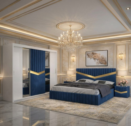 Mobila Dormitor - Set Mobila De Dormitor Royal Albastru, pat tapitat 180x200cm, dulap tapitat 250cm, 2 noptiere si saltea 180x200cm