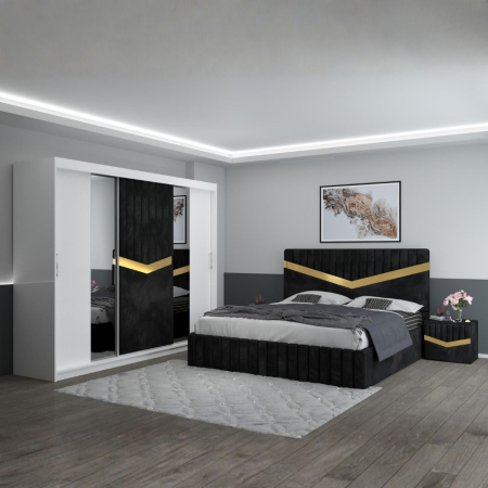 Mobila Dormitor - Set Mobila De Dormitor Royal Negru, pat tapitat 180x200cm, dulap tapitat 250cm, 2 noptiere si saltea 180x200cm