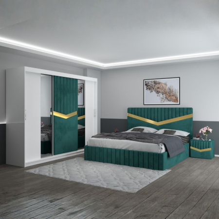 Mobila Dormitor - Set Mobila De Dormitor Royal Verde, pat tapitat 180x200cm, dulap tapitat 250cm, 2 noptiere si saltea 180x200cm