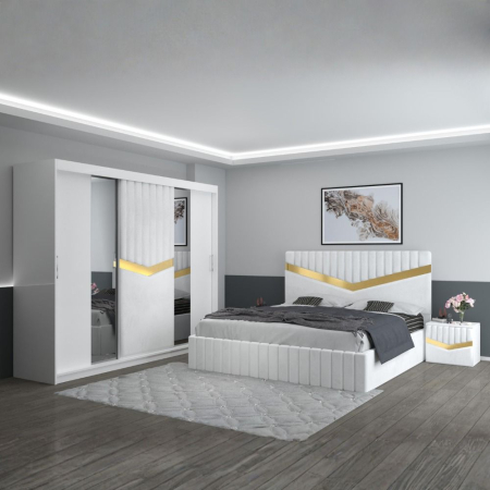 Mobila Dormitor - Set Mobila De Dormitor Royal Alb, pat tapitat 180x200cm, dulap tapitat 250cm, 2 noptiere si saltea 180x200cm