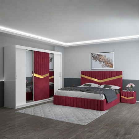 Mobila Dormitor - Set Mobila De Dormitor Royal Rosu, pat tapitat 180x200cm, dulap tapitat 250cm, 2 noptiere si saltea 180x200cm