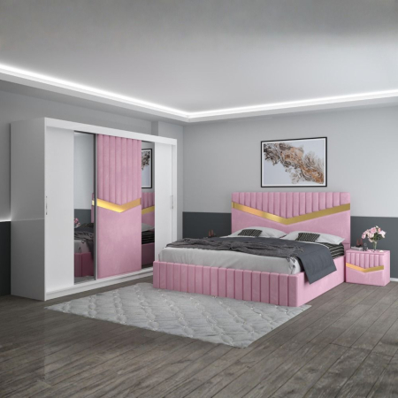 Mobila Dormitor - Set Mobila De Dormitor Royal Roz, pat tapitat 180x200cm, dulap tapitat 250cm, 2 noptiere si saltea 180x200cm