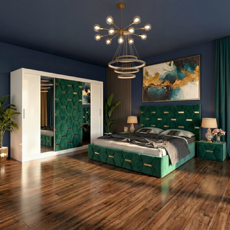 Mobila Dormitor - Set Mobila De Dormitor Sofia Verde, pat 160x200cm, dressing 250cm, 2 noptiere tapitate si saltea 160x200cm