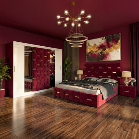Mobila Dormitor - Set Mobila De Dormitor Sofia Rosu, pat 160x200cm, dressing 250cm, 2 noptiere tapitate si saltea 160x200cm
