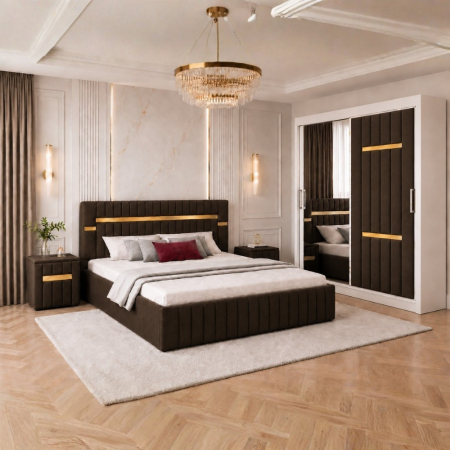Mobila Dormitor - Set Mobila De Dormitor VELANTE Maro, pat tapitat 160x200cm, dulap 150cm, 2 noptiere si saltea 160x200cm