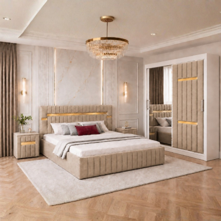 Mobila Dormitor - Set Mobila De Dormitor VELANTE Crem, pat tapitat 160x200cm, dulap 150cm, 2 noptiere si saltea 160x200cm