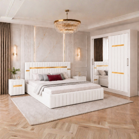 Mobila Dormitor - Set Mobila De Dormitor VELANTE Alb, pat tapitat 160x200cm, dulap 150cm, 2 noptiere si saltea 160x200cm