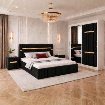 Mobila Dormitor - Set Mobila De Dormitor VELANTE Negru, pat tapitat 160x200cm, dulap 150cm, 2 noptiere si saltea 160x200cm