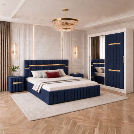 Mobila Dormitor - Set Mobila De Dormitor VELANTE Albastru, pat tapitat 160x200cm, dulap 150cm, 2 noptiere si saltea 160x200cm
