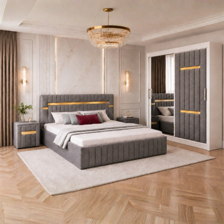 Mobila Dormitor - Set Mobila De Dormitor VELANTE Gri, pat tapitat 160x200cm, dulap 150cm, 2 noptiere si saltea 160x200cm