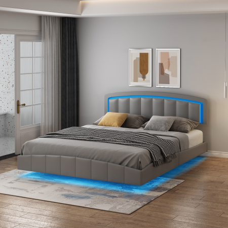 Paturi - Pat B01 Tapitat Piele Ecologica 160x200cm, cu iluminare LED integrata, Gri