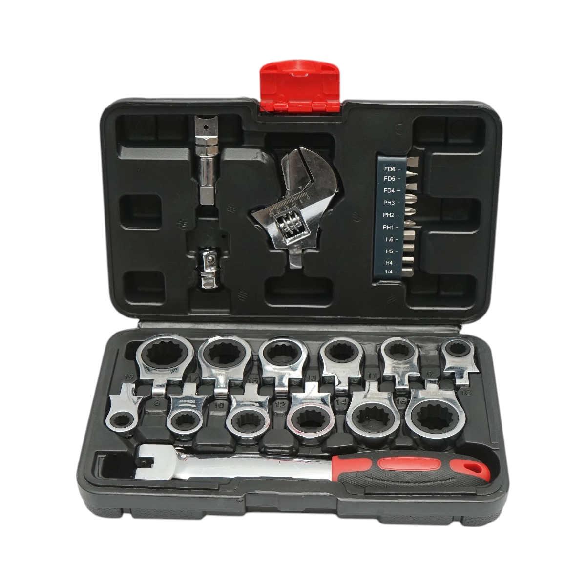 Consumabile,Accesorii - Trusa chei inelare cu clichet 8-19mm, cheie reglabila, biti hex, drepti, cruce 26 piese Breckner Germany
