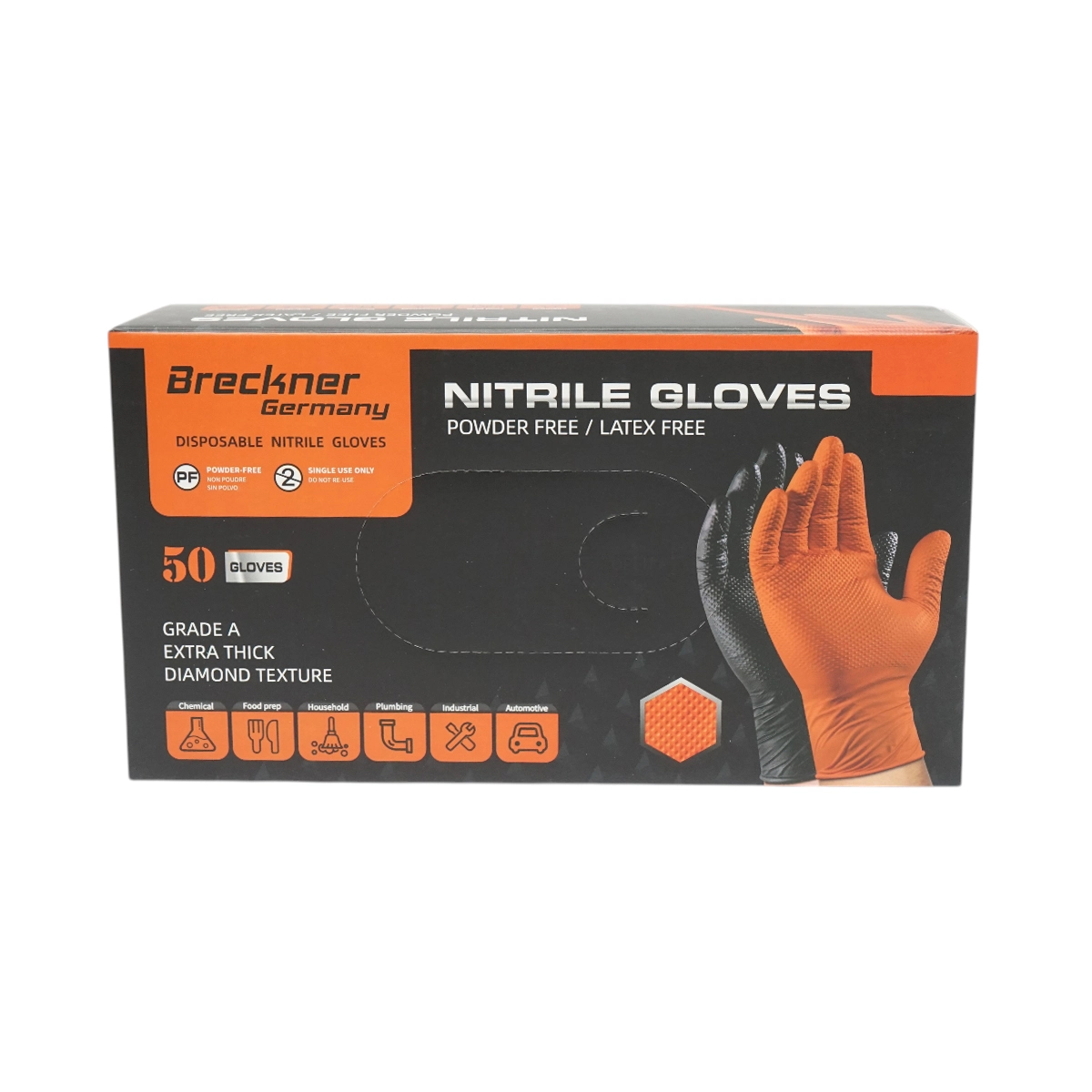Manusi din nitril portocalii nepudrate cu textura diamond grip, marimea L 50 buc/cutie Breckner Germany [2]