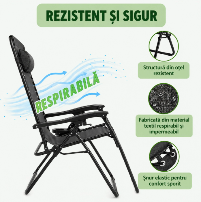 Sezlong pentru gradina metalic pliabil negru max 120 kg, 160x65x92 cm​​​​​​​ Breckner Germany [7]