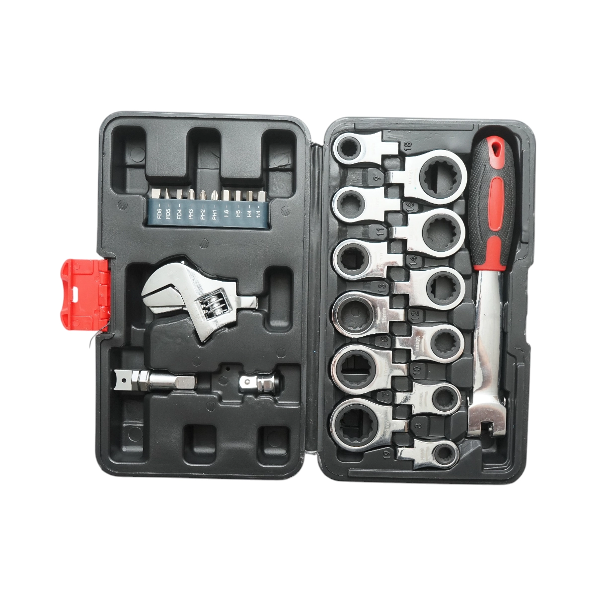 Trusa chei inelare cu clichet 8-19mm, cheie reglabila, biti hex, drepti, cruce 26 piese Breckner Germany [2]