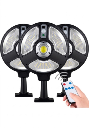 Lampi Solare Stradale - Set 3 bucati Lampa Solara Rotunda cu Senzor de Miscare, Suport Reglabil 360, IPX65 si Telecomanda