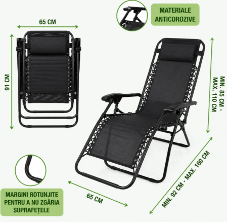 Sezlong pentru gradina metalic pliabil negru max 120 kg, 160x65x92 cm​​​​​​​ Breckner Germany [4]