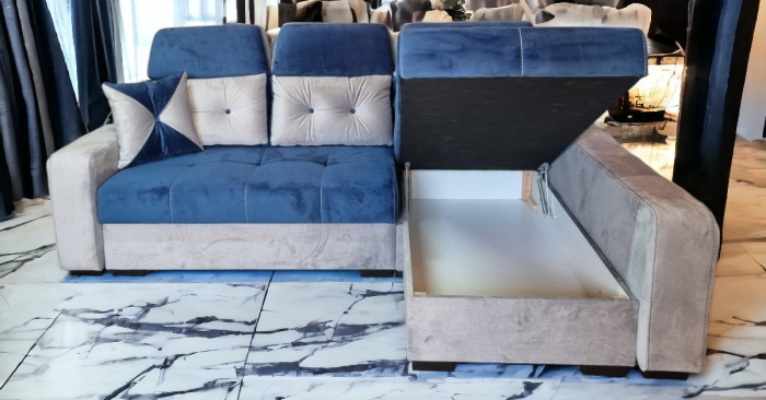 Coltar extensibil Viena Tip 1, Crem cu albastru, cu lada depozitare, 2560 x 1680 cu tetiera ridicata/1780 cu tetiera intinsa [6]