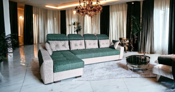 Coltar extensibil Viena Tip 2, Crem cu verde, cu lada depozitare, 3240 x 1680 cu tetiera ridicata/1780 cu tetiera intinsa [4]