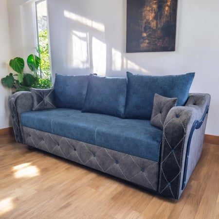 Canapele - Canapea extensibila Yasmina, 3 locuri, Albastru cu gri, cu lada depozitare, 2280 x 1000