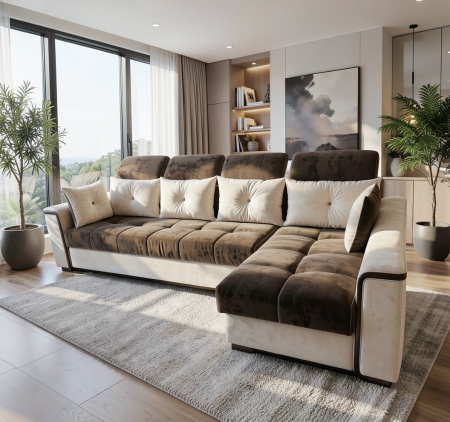 Coltare - Coltar extensibil Paris Tip 2, Crem cu maro, cu lada depozitare, 3200 x 1680 cu tetiera ridicata/1780 cu tetiera intinsa