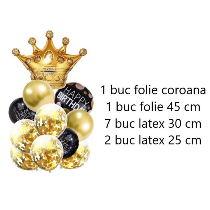 Set 10 baloane latex aurii, negre plus coroana folie aurie [2]
