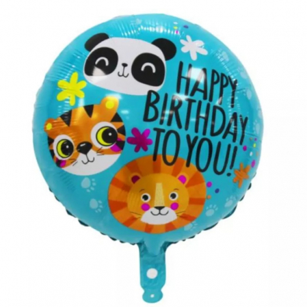 Balon folie Happy Birthday animale salbatice, model rotund, 45 cm