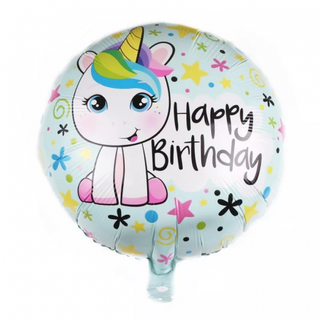 Baloane folie personaje - Balon folie Happy Birthday unicorn, model rotund, 45 cm