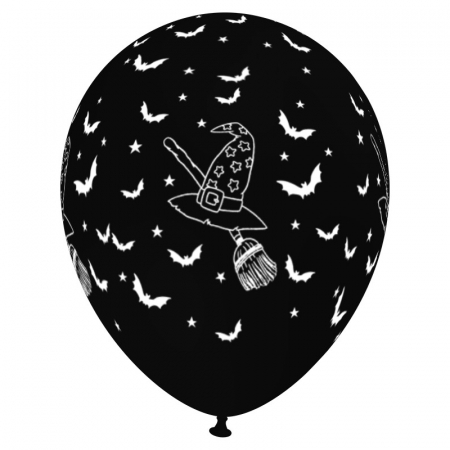 Baloane 12 inch - Balon latex imprimat "Witch's Hat", 12 inch,  negru