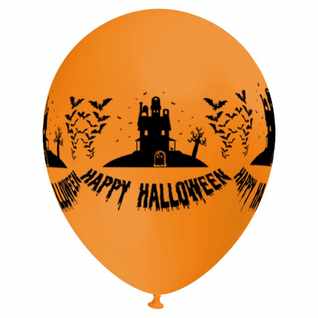 Halloween - Balon latex model "Casa bantuita", 12 inch, portocaliu