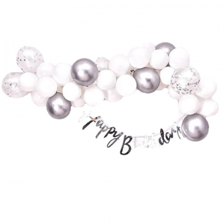 Kituri baloane - Kit Aranjament din baloane, 65 bucati, Alb/Argintiu, si ghirldanda Happy Birthday argintie