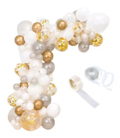 Kituri baloane - Kit Aranjament din baloane tip Arcada, 88 bucati, Auriu/Alb/Argintiu