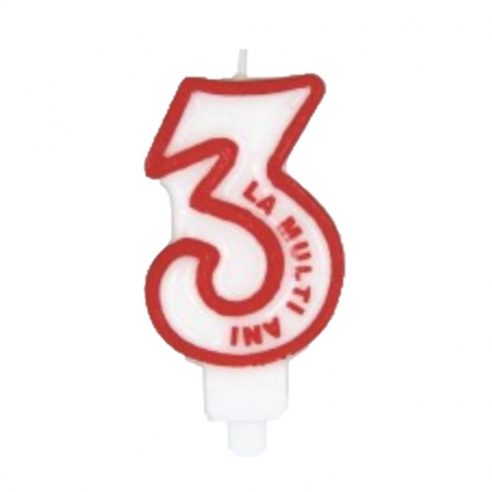 Accesorii petreceri - Lumanare tort cifra 3, alb-rosu, 7 cm