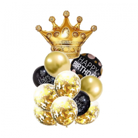 Kituri baloane - Set 10 baloane latex aurii, negre plus coroana folie aurie