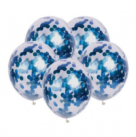 Baloane - Set 5 baloane latex, transparente cu confetti albastru, 30 cm