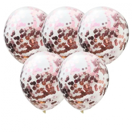 Baloane - Set 5 baloane latex transparente cu confetti rose gold, 30 cm