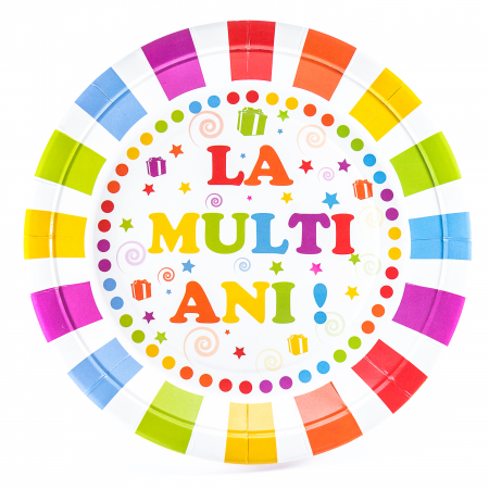Vesela pentru petrecere - Set 6 farfurii petrecere, La multi ani, multicolore, 9 inch