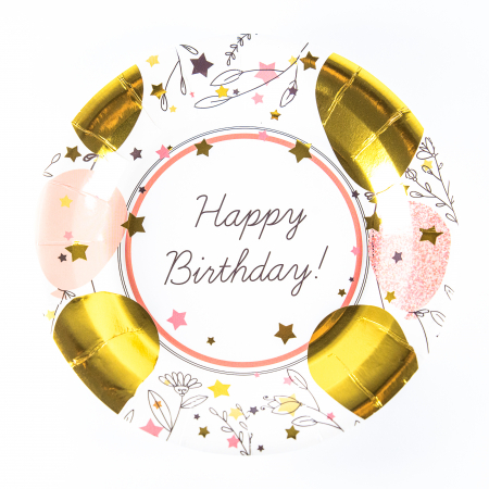 Set farfurii Happy Birthday, roz, auriu, 9 inch, 6 bucati