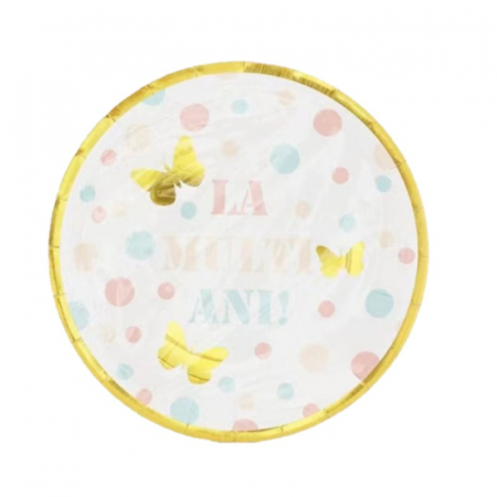 Vesela pentru petrecere - Set 6 farfurii carton La multi ani fluturi 18 cm