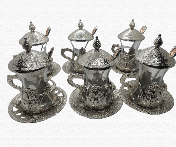 Set 6 cesti ceai turcesc, cu capac,farfurii si lingurite metalice ,Acar,argintii [2]