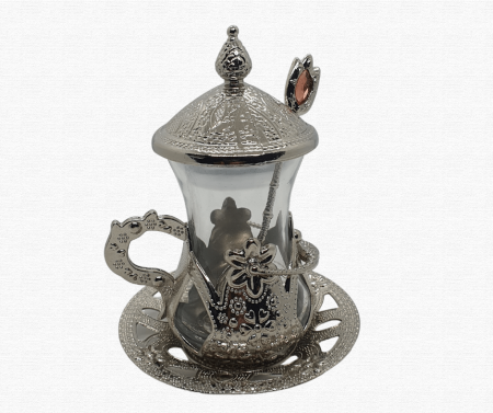 Set 6 cesti ceai turcesc, cu capac,farfurii si lingurite metalice ,Acar,argintii [0]
