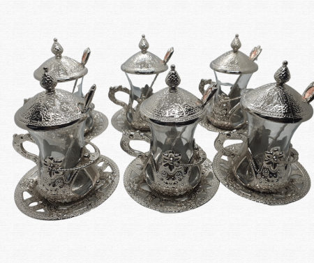 Set 6 cesti ceai turcesc, cu capac,farfurii si lingurite metalice ,Acar,argintii [1]