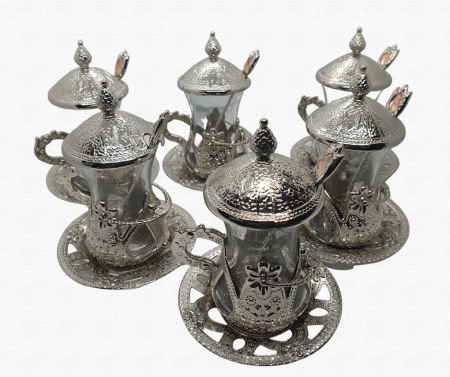 Set 6 cesti ceai turcesc, cu capac,farfurii si lingurite metalice ,Acar,argintii [4]