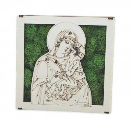 Tablouri cu licheni stabilizati - Decoratiune Icoana Maica Domnului cu pruncul din licheni verzi si lemn natur, 20 cm x20 cm