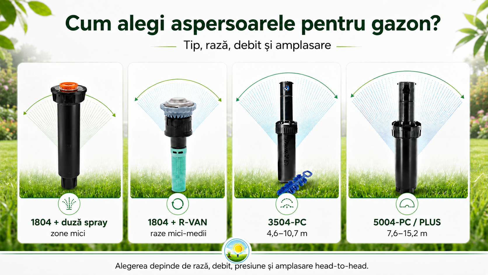 Cum alegi aspersoarele pentru gazon: tip, rază, debit și amplasare